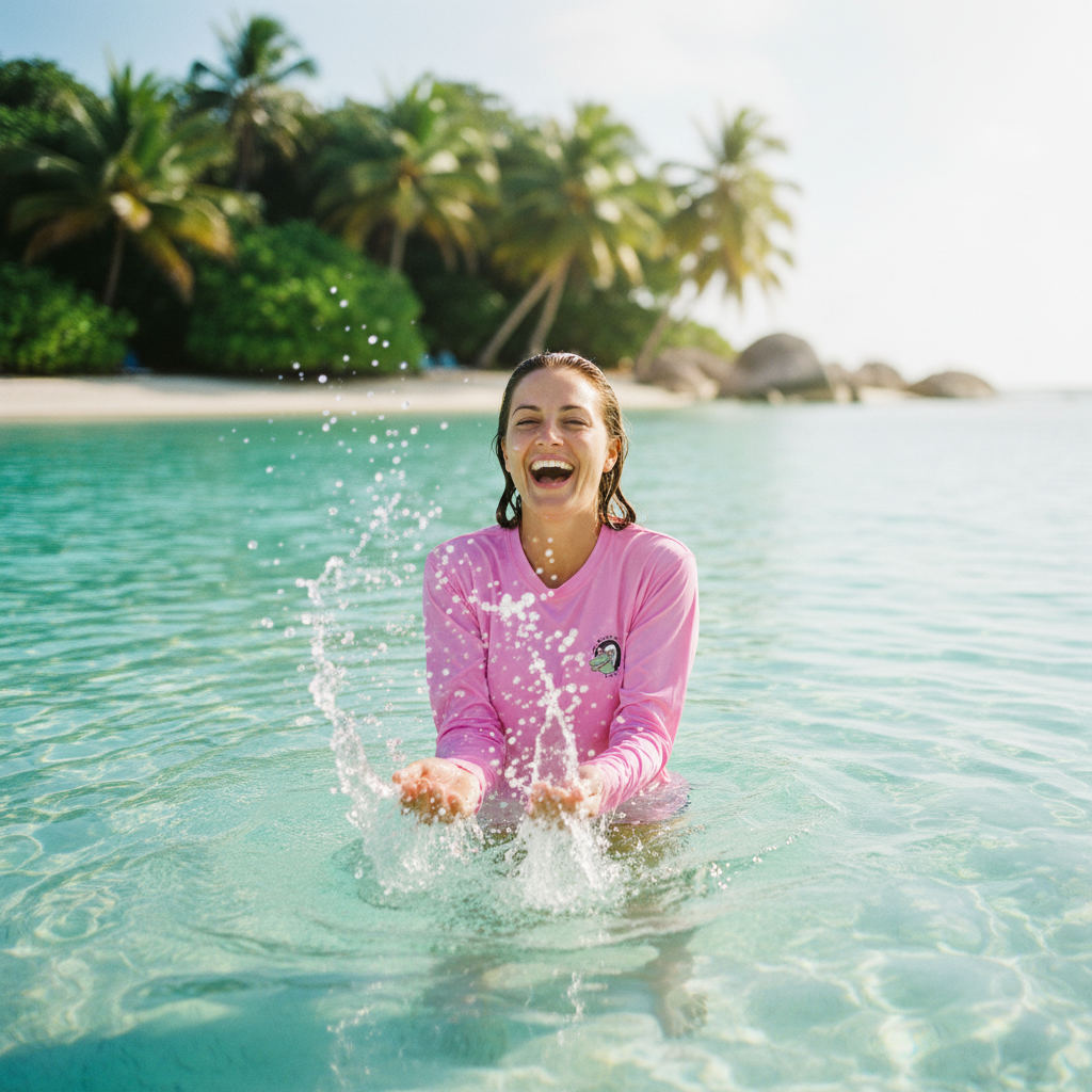women wearing Agua y Sol UPF 50 sun shirts while playing in the ocean